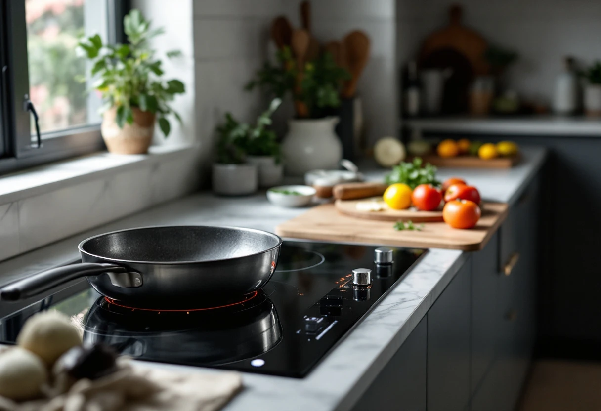 Modern minimalist kitchen with carbon steel pan on the stove